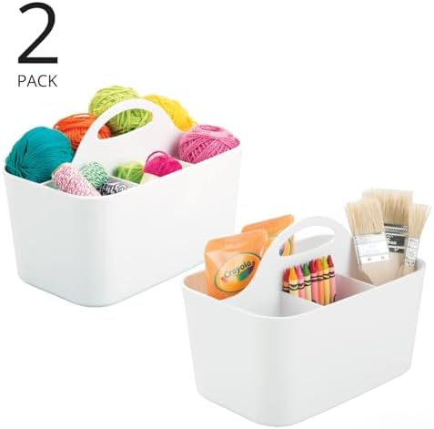 mDesign Plastic Portable Craft Storage Organizer Caddy Tote, Divided Basket Bin w/Handle - Craft, Sewing, Art Supplies - Holds Brushes, Colored Pencils - Lumiere Collection - White, 2 Pack