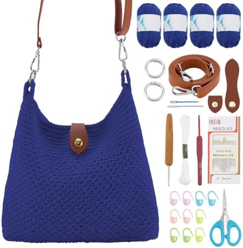 ACRNIGHEET Crochet Bag Kit for Beginners Crochet Purse for Women DIY Tote Bag Making Kit with Step-by-Step Tutorials Knitting Supplies for Adults Crafts Boho Gift Idea (Blue)