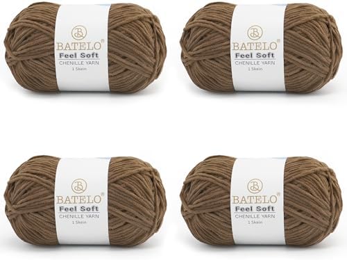 Thin Chenille Yarn for Crocheting & Knitting, Soft Plush Yarn for DIY Crafts, Amigurumi, Home Decor - 3 Light - 4 Pack of 1.7oz/142yds - Chocolate