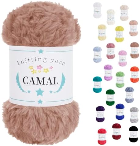 CAMAL Soft Faux Fur Yarn for Crocheting Blanket, 65 Yards Chunky Eyelash Yarn for Knitting Hats, 100 Grams Fuzzy Velvet Crochet Thread for Dolls, Earmuffs, Bags (Khaki)