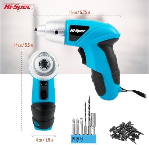 Hi-Spec 3.6V USB Electric Screwdriver for Home Repairs and Assembly, Blue | 27pc, fast assembly help, common screw bit selection, LED visibility, compact grip, quick household fixes, organized storage