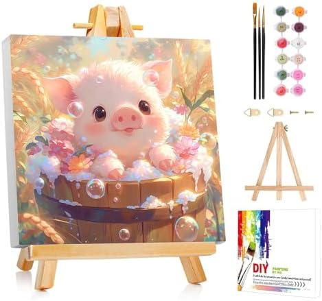 AUKELHJ Paint by Numbers Kit for Kids with Frame, Pig, 8X8 inch