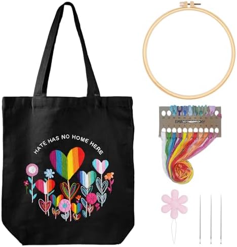 Louise Maelys Embroidery Kit, Rainbow Heart Canvas Tote Bag DIY Craft Set