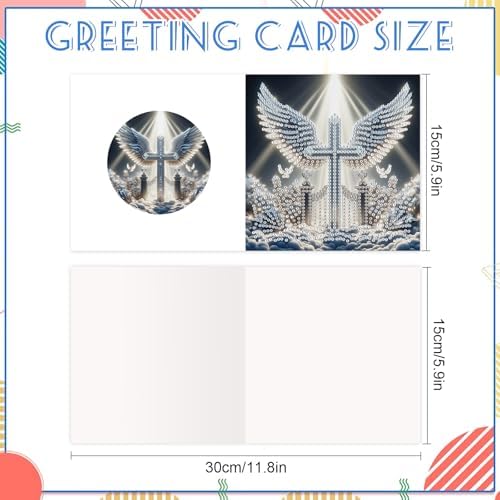 6 Pack Diamond Painting Greeting Cards with Envelopes, DIY 5D Diamond Art Card Kit Winged Cross Designs, 30x15cm Handmade Religious Cards Crafts for Spiritual Blessings and Faithful Greetings