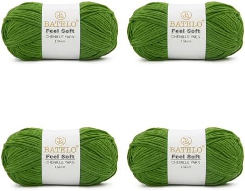 Thin Chenille Yarn for Crocheting & Knitting, Soft Plush Yarn for DIY Crafts, Amigurumi, Home Decor - 3 Light - 4 Pack of 1.7oz/142yds - Avocado Green