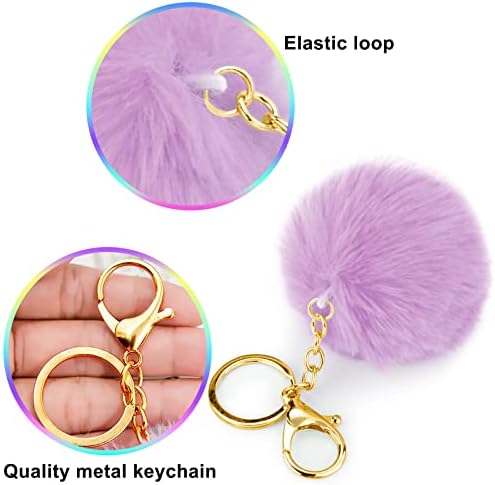 BQTQ 18 Pieces Pom Pom Keychains Rabbit Faux Fur Balls with Golden Hooks