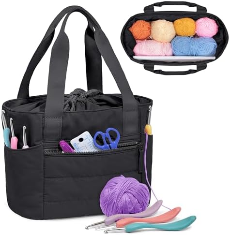 Teamoy Small Knitting Bag, Yarn Storage Tote, Crochet Bag Organizer, Black