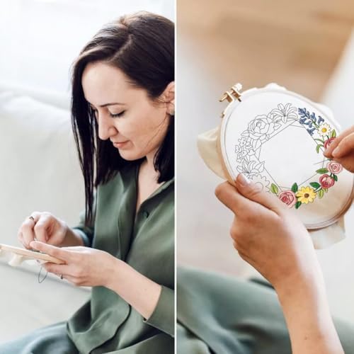 ORIGACH 4 Pack Floral Frame Embroidery Kits for Beginners DIY Starter Hand Embroidery Kit with Floral Wreath Patterns and Instructions for Adults Women Crafting