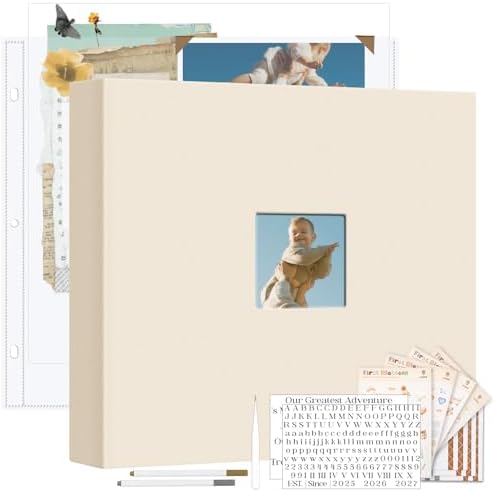 Vienrose Linen Scrapbook Photo Album Kit, Large 3 Ring Binder Scrapbook with 30 Plastic Sleeves, 15x13 Inch DIY Memory Book for Wedding, Baby Shower, Family & Kids Keepsake Gift, Beige