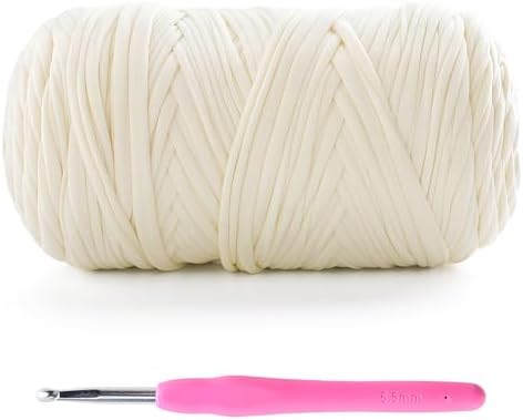 Tshirt Yarn for Crochet - 400 g/130 yds T Shirt Yarn for Crocheting Bags/Baskets/Home Decor - Soft Elastic Fabric T-Shirt Yarn with 1 Crochet Hook (1, Milk White)