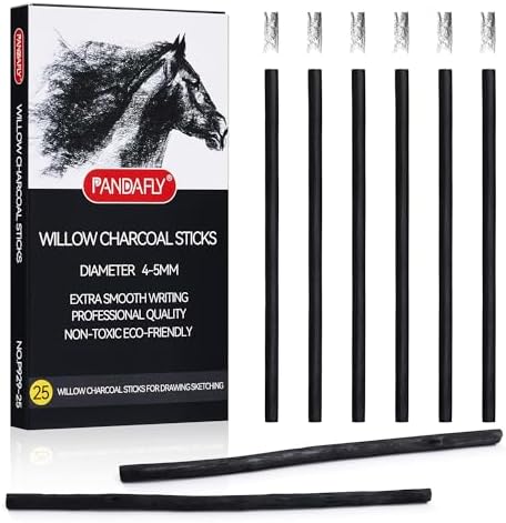 PANDAFLY 25 Pack Willow Charcoal Sticks, 4-5mm, Black Artist Vine Charcoal