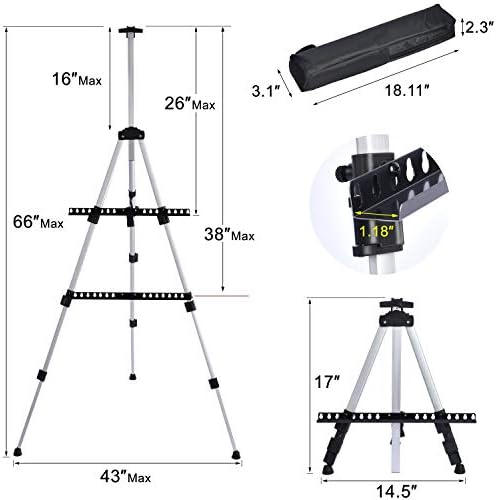 Portable Artist Easel Stand - Adjustable Height Painting Easel with Bag - Table Top Art Drawing Easels for Painting Canvas, Wedding Signs & Tabletop Easels for Display - Metal Tripod - 17x66 inches