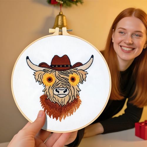 Highland Cow Embroidery Kits for Beginners Adults, Animal Hand Embroidery Starters Kits, Stamped Cross Stitch Kits DIY Needlepoint Kits for Beginners Adults, Embroidery Hoop, Thread and Video Tutorial