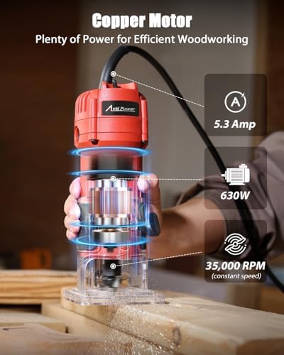 AVID POWER Compact Wood Router Tool for Woodworking 630W 5.3 Amp, Trim Bits