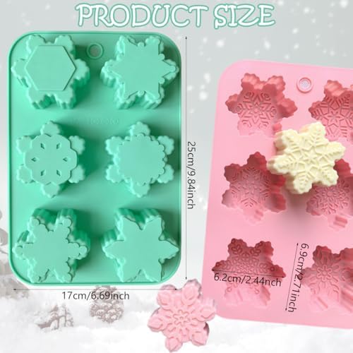 2 Pcs Snowflake Silicone Candle Soap Molds for Christmas Baking Chocolate Candy Cake Pan Cookie Jelly Muffin Ice Cube Trays Baking Moulds DIY Bath Bomb Molds Decoration (Green Light Pink)