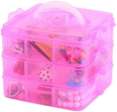 Kamay's Medium 3 Tier Stackable Adjustable Compartment Slot Bead Craft Jewellery Tool Storage Organiser Snap-lock Tray Container, with 18 Compartments, Container Box Pink