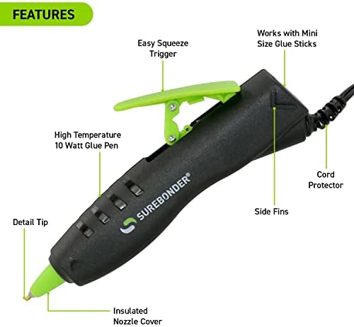 Surebonder GP-100F Ergonomic Detail Tip Mini-Size Hot Glue Pen for Precision Crafting and Repairs, 10 Watts, Corded, Black