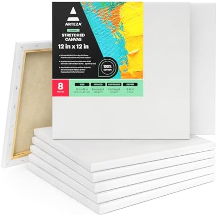 ARTEZA Stretched Canvas, 12 x 12 Inches, Pack of 8, Blank White Square Canvas for Painting for Acrylic, Oil and Gouache Paints | Cotton-Texture Surface, Wood Frame, Pre-Primed, For Acrylic, Oil, Gouache, Tempera, Pouring Art and Wall Pieces