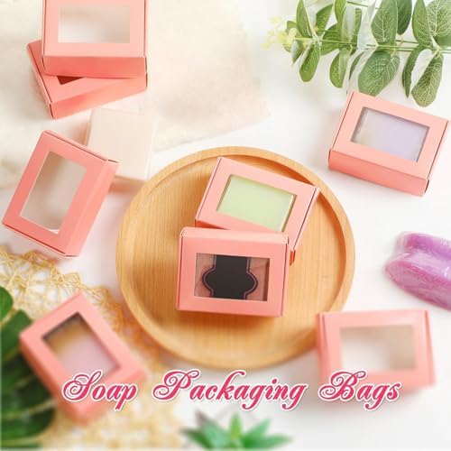 Zonon 30 Pcs Soap Boxes for Homemade Packaging, Mini Kraft Boxes with Window for Bakery Candy Soap Making Gift Packaging, 3.7x2.6x1.4 Inch (Pink)