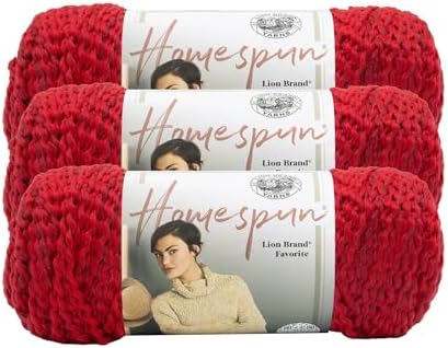 Lion Brand Yarn, Homespun Bulky Crochet Yarn, Candy Apple, Red, 3 Pack