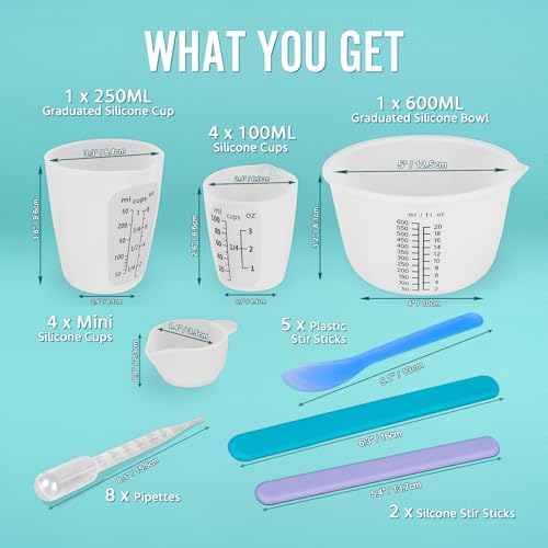 Silicone Resin Mixing Measuring Cups for Resin Supplies, Easy-to-Read Marks, 600ml/20oz Bowl, 250&100ml Thickened Reusable Silicone Cups for Epoxy Mixing, with Stir Sticks, Jewelry Making