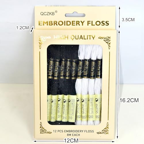 Premium Rainbow Color Embroidery Floss - Cross Stitch Threads - Friendship Bracelets Floss - Crafts Floss - 12 Skeins Per Pack Embroidery Floss,White Black