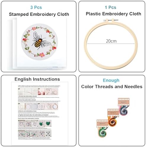 Konrisa Embroidery Kits for Adults Beginner, European Style Bees Collect Honey Stamped Embroidery Starter Kit,DIY Sewing Practice, Needlepoint Cross Stitch Kit,Set of 3