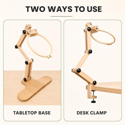 Adjustable Embroidery Table Stand,Wooden Embroidery Hoop Stand,Includes 3pcs Different Size Embroidery Hoops,1 Embroidery Tool Kit,Placed on the Desktop or Clamped onto the Desktop