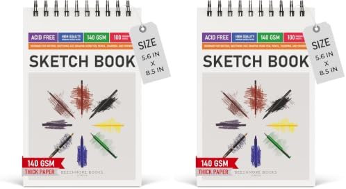 BEECHMORE BOOKS 5.6"x8.5" Spiral Sketchbook – 140 GSM Acid-Free Paper, 100 Perforated Pages, A5 Art Sketch Pad for Drawing & Sketching, Artists, Adults (Pack of 2)