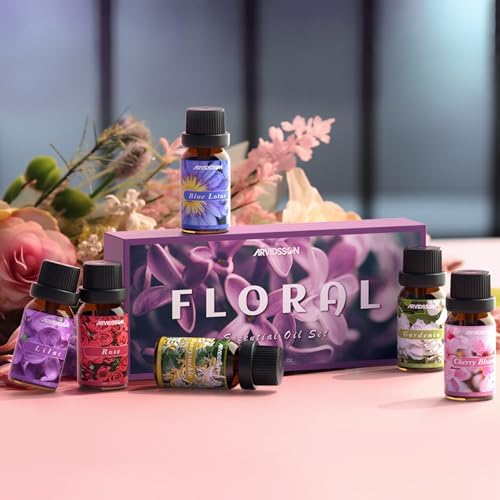 ARVIDSSON Floral Essential Oils Set, Natural Flower Essential Oil Gift for Women - Rose, Gardenia, Cherry Blossom, Honeysuckle, Lilac, Blue Lotus, Scented Oil for Diffuser, Valentines Day Gift for Her