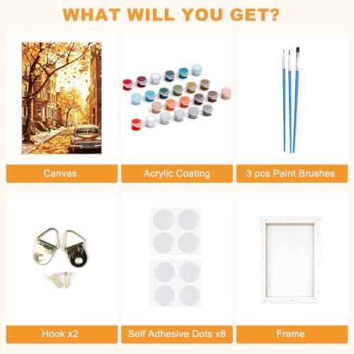 SENQAO City Paint by Numbers Kit for Adults Beginner, Fall City Street Adult Paint by Number Kits on Canvas, DIY Acrylic Oil Easy Painting by Numbers for Home Wall Decor 8X12 inch