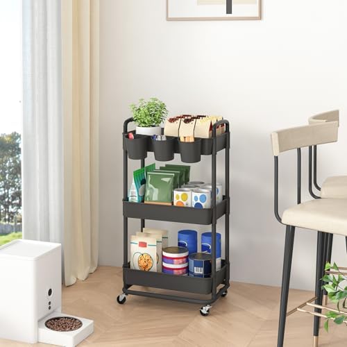 JIUYOTREE 3-Tier Plastic Rolling Storage Cart Utility Cart Black