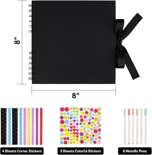 Mauproy 8 x 8 Inch Small Black Scrapbook Album, 40 Pages | Photo Album with Black Pages, Kraft Paper Hardcover Memory Book with DIY Accessories Kit for Birthday, Wedding, Travel