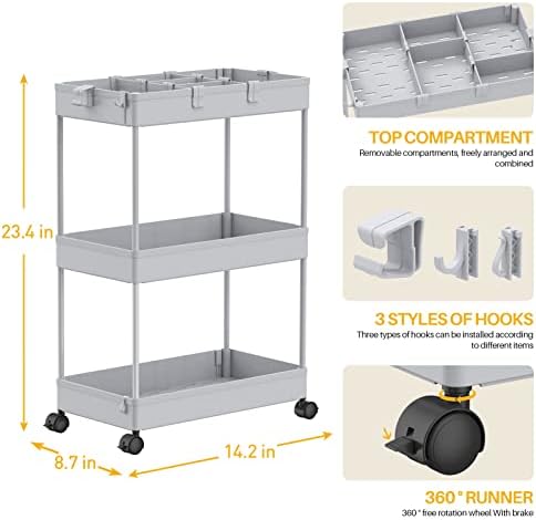 SPACELEAD 3 Tier Rolling Cart with Wheels, Storage Craft Art Trolley Organizer Serving, 3 Hanging Baskets Easy Assembly, for Office, Living Room, Kitchen, Gray