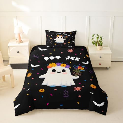 Erosebridal Spooky Ghost Duvet Cover Toddler Size Cute Flower Bedding Set for Kids Boys Girls Cartoon Bats Comforter Cover Kawaii Halloween Artwork Bedclothes Room Decor