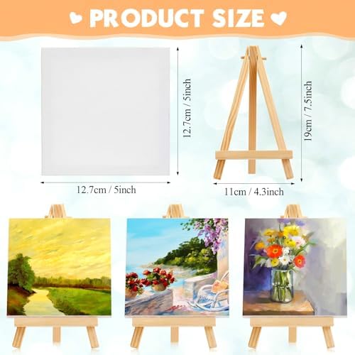 Mimorou 64 Pack Mini Canvas with Easel for Painting Wood, 5 x 5 Inch