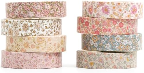 Vintage Washi Tape Set 8 Rolls Thin Retro Decorative Antique Patterns Masking Tapes for Arts, DIY Crafts, Journals, Planners, Scrapbook, Wrapping (Little Flowers)
