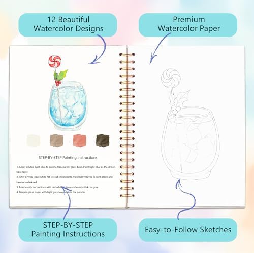Easy Watercolor Workbook for Beginners - 12 Beautiful Step-by-Step Paintings Water Coloring Book, Includes 16 Colors Paints, Relaxing Art Projects and Creative Gift for Adults & Teen (Cocktails)