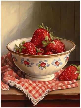 CraftBliss 5D Diamond Painting Kits for Adults, Vintage Strawberry Bowl Still Life, DIY Rhinestone Art Kit, Cottagecore Kitchen Wall Decor, Aesthetic Dining Room Home Art, 12x16 inch (30x40cm)