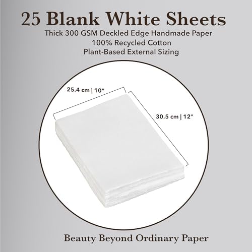 Wanderings Handmade White Deckle Edge Blank Paper - 10" x 12" - Recycled - Pack of 25 - Watercolor/Mixed Media Paper - Artwork Posters Signs Menus Invitations - Extra 300 GSM - Large