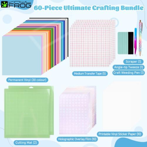 VINYL FROG 60PCS Accessories Bundle for Cricut Maker and All Explore Air, Ultimate Tools with Permanent Adhesive Vinyl, Printable Vinyl Sticker Paper, Cutting Mat, Weeding Tools, Scrape