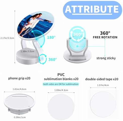 AOUXSEEM 20 Sets Phone Grip Sublimation Blanks, DIY Pop Socket Finger Ring Kickstand Accessories, PVC Material Vibrant Colors for Heat Press Project(White)