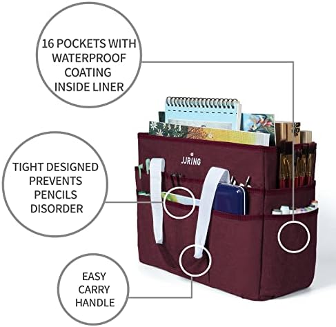 JJRING Craft Organizer Tote Bag Large Art Storage Caddy Dark Red | With Multiple Pockets For Sewing, Scrapbooking, School, Medical, And Office Supplies