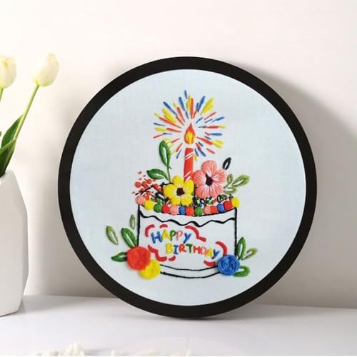 Esffaci Embroidery Starter Kit for Adult Beginner with Birthday Cake Flowers Pattern Hand Embroidery Set with Cloth Hoop Needle Threader Floss and Instruction