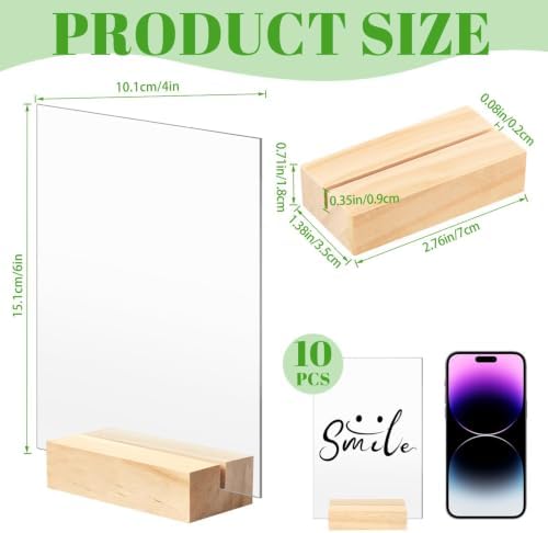 Bercoor 10 Pack 4x6 Inch Blank Clear Acrylic Sign with Wooden Stands, Rectangle Top Acrylic Sheet, DIY Acrylic Rectangle Table Numbers for DIY Name Card Gifts Event Party Sign Decoration