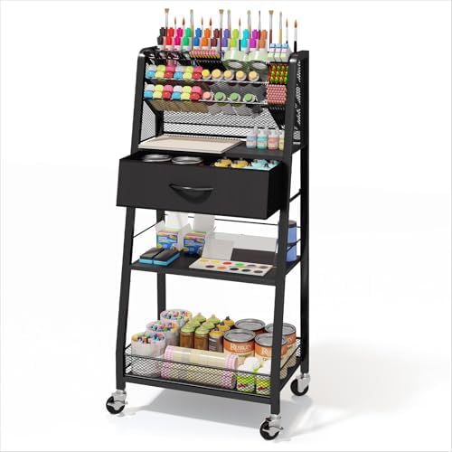 Homsorout 3 Tier Rolling Cart - Metal Utility Cart with Storage Drawer and Wheels, Versatile Art & Craft Organizer for Home, Office, or Studio - Ideal for Storing Brushes, Paints, and Supplies（Black）