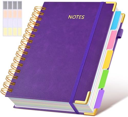 Hardcover Spiral Notebook journal with Removable Dividers Tabs, 300 Pages Leather 5 Subject Notebook College Ruled, 100GMS Notebooks for Work School Note taking,Lined Journal for Women,A5 Dark purple