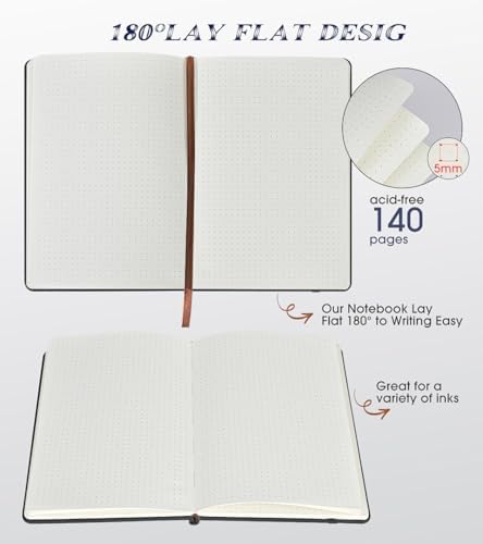 Biuwory Dotted Journal Notebook, 140 Dot Grid Pages, Medium 5.7"×8.3" | A5 Hardcover Vintage Leather Journal for Women Men, Dot Grid Paper Notebook for Work School Travel, Bullet Journaling Writing