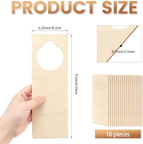16 PCS 9.5"x 3.25" x 0.1" Unfinished Wooden Door Knob Hangers - Blank for DIY Crafts, Ideal for Home, Hotel & Office Decor
