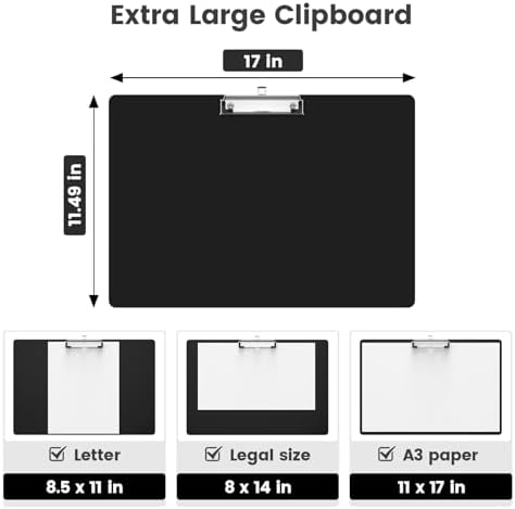 Extra Large 11x17 Clipboards, Plastic Black Drawing Boards, Horizontal Clip Board, Landscape Layout. Suitable for Watercolor, Sketching, Painting. Art & Drafting Supply